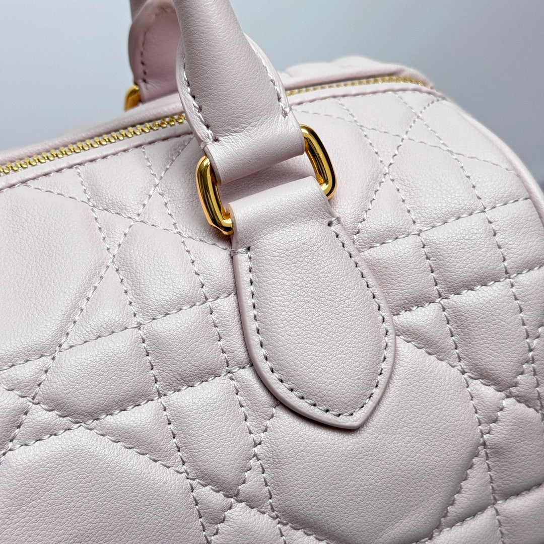 Pink Quilted Leather Boston Bag with Star Charm and Shoulder Strap