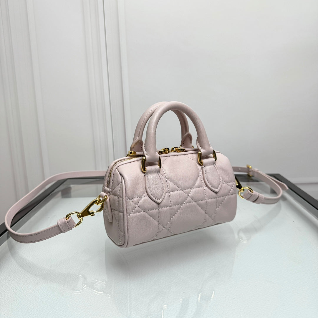 Mini Cannage Quilted Leather Bowling Bag with Top Handles - Soft Pink