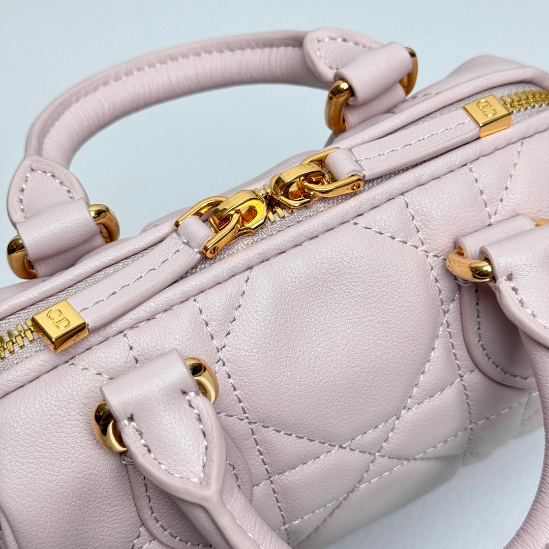 Luxury Mini Quilted Leather Top Handle Bag - Light Pink Crossbody with Gold Hardware