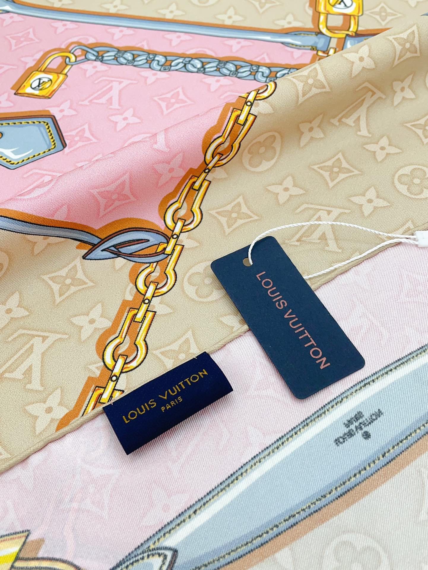Pink and Beige Silk Feel Scarf for Women with Elegant Chain and Belt Print - Versatile Fashion Neck Scarf