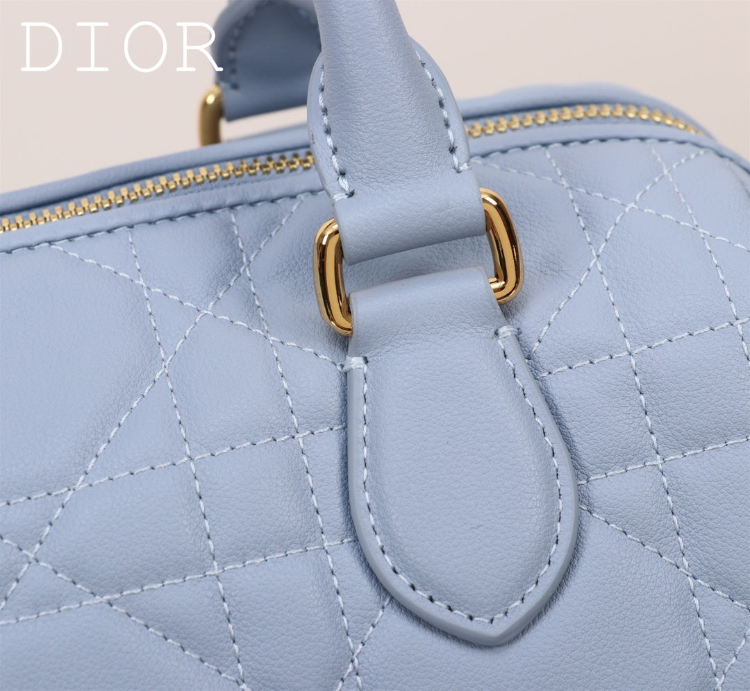 Christian Dior Vibe Zip Bowling Bag - Cannage Quilted Leather - Light Blue