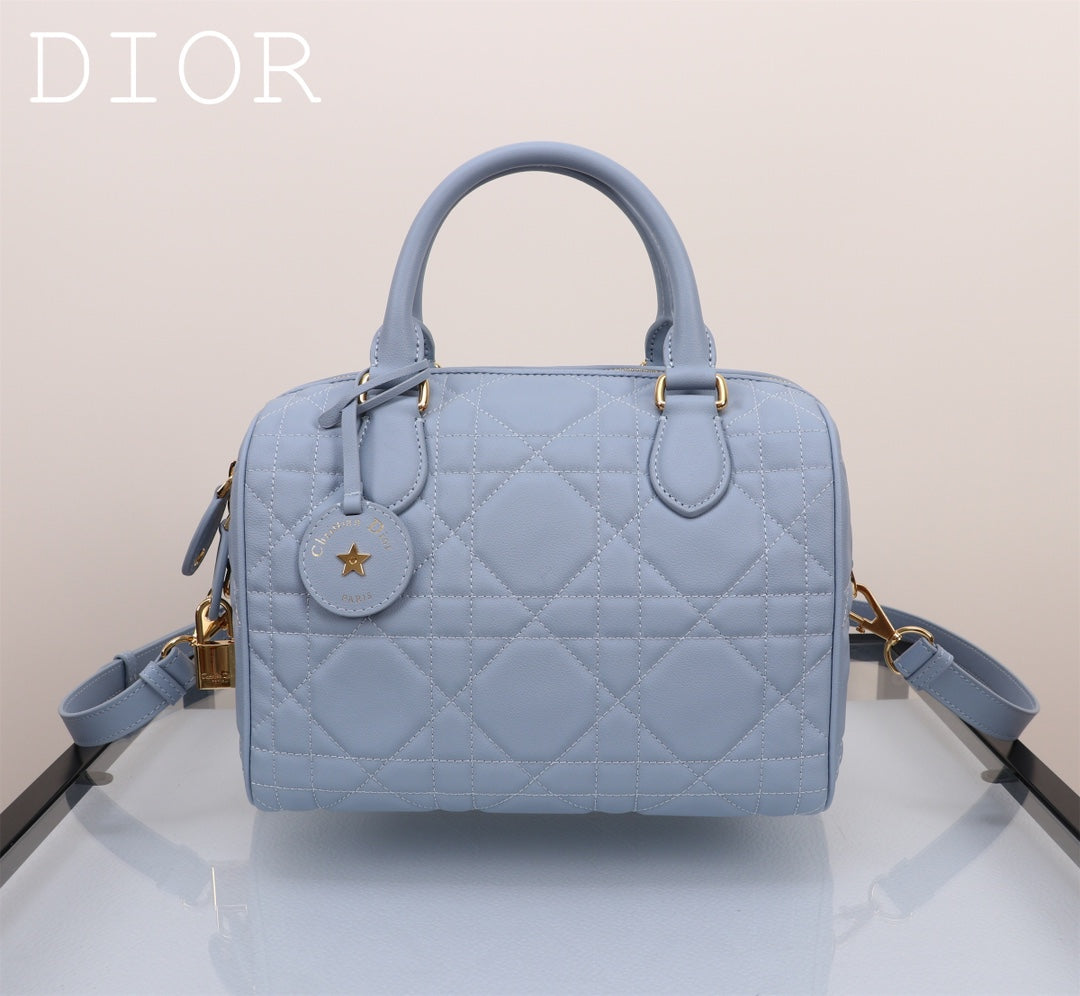 Christian Dior Vibe Zip Bowling Bag - Cannage Quilted Leather - Light Blue