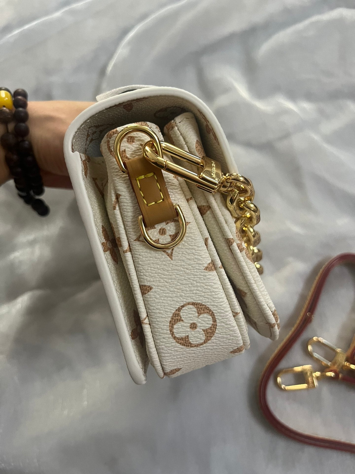 Classic Cream Monogram Luxury Shoulder Bag with Gold Chain &amp; Crossbody Strap