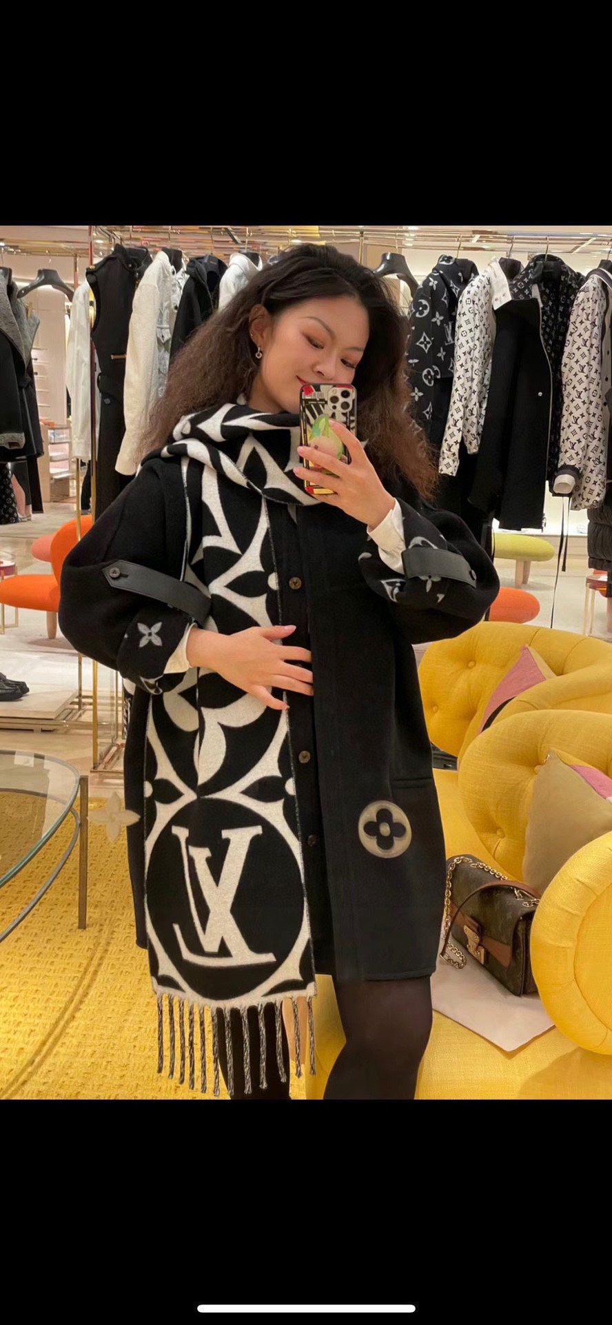 Luxury Monogram Print Oversized Scarf for Women - Black and White Reversible Fringed Winter Shawl Wrap