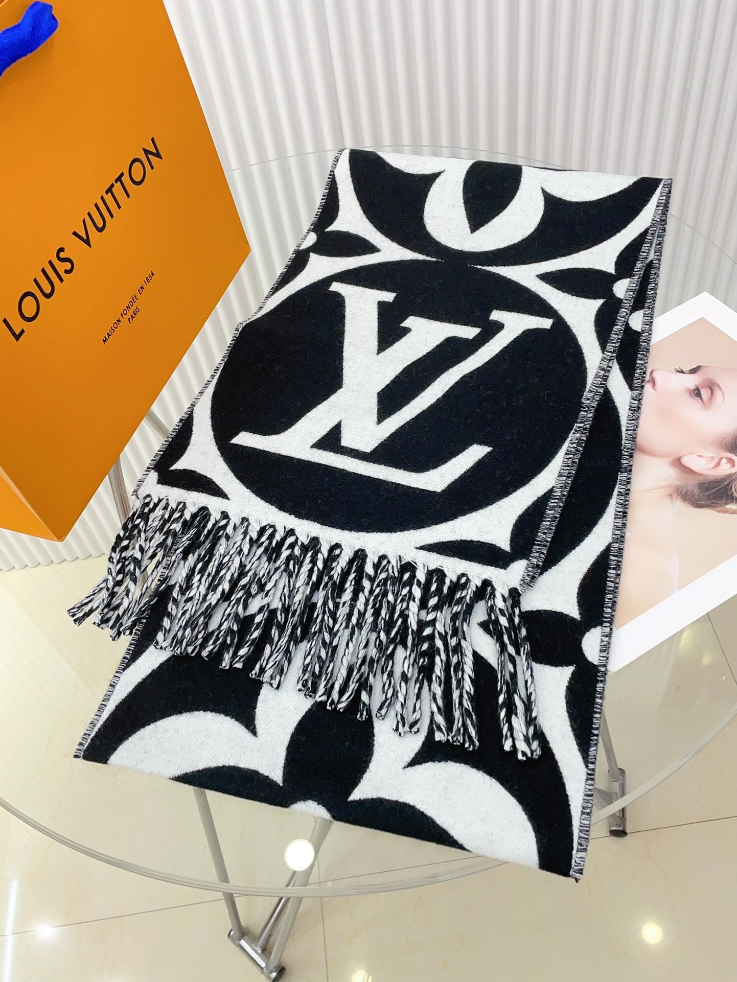 Luxury Monogram Print Oversized Scarf for Women - Black and White Reversible Fringed Winter Shawl Wrap