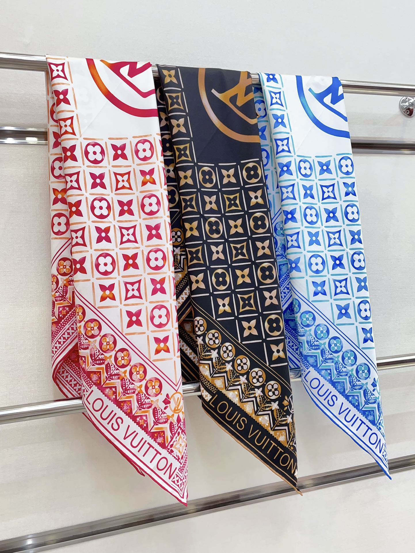 Women's Luxury Monogram Print Silk Satin Scarf - Navy Blue and Gold Geometric Pattern Square Fashion Scarf