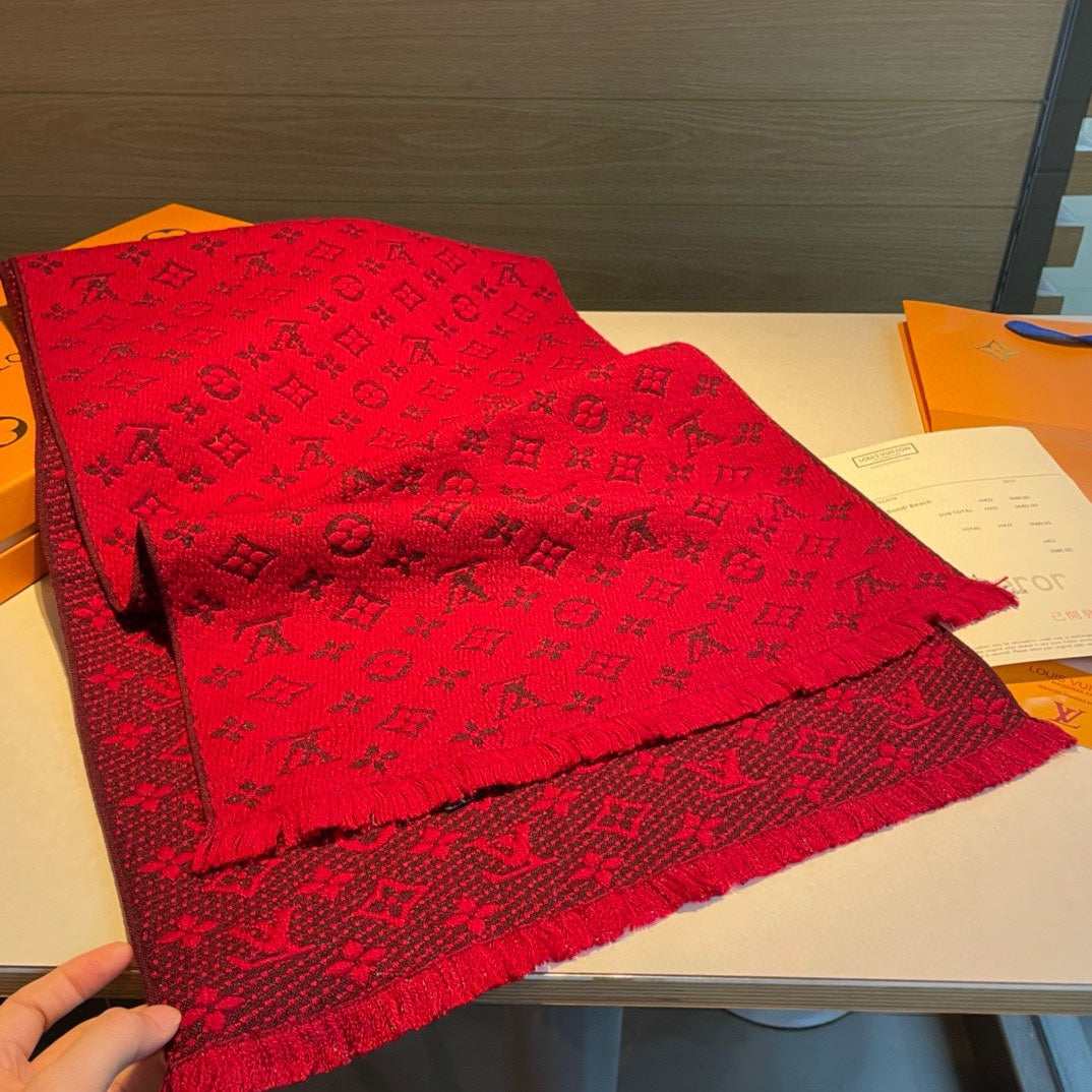 Louis Vuitton Monogram Scarf, Luxury Wool Cashmere Blend Designer Wrap, Classic Signature Pattern, Available in Multiple Colors