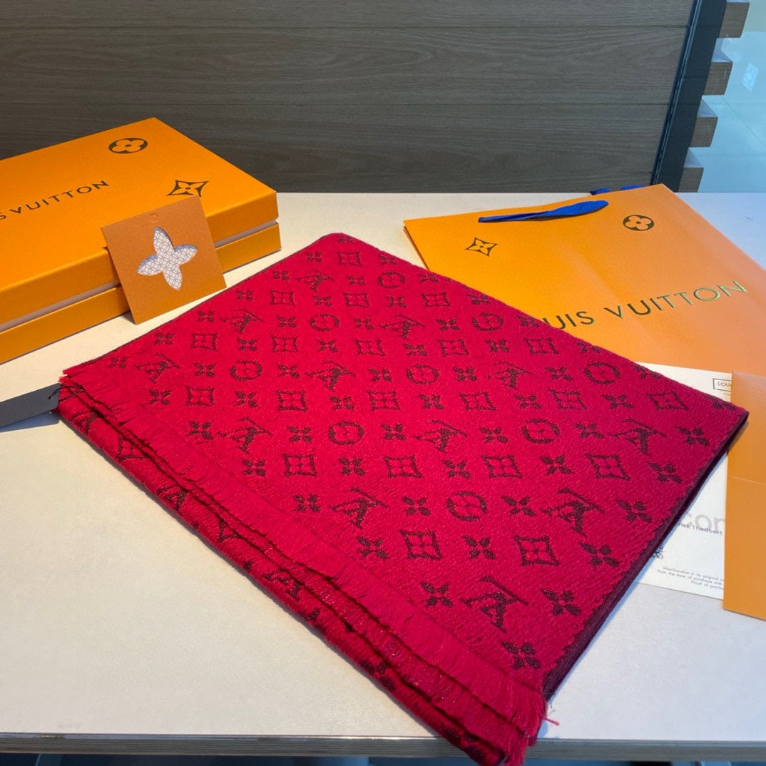Louis Vuitton Monogram Scarf, Luxury Wool Cashmere Blend Designer Wrap, Classic Signature Pattern, Available in Multiple Colors