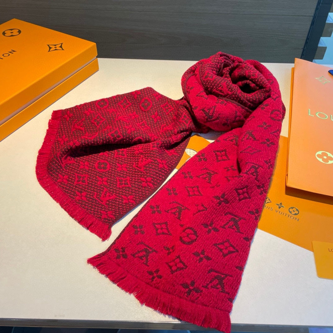 Louis Vuitton Monogram Scarf, Luxury Wool Cashmere Blend Designer Wrap, Classic Signature Pattern, Available in Multiple Colors