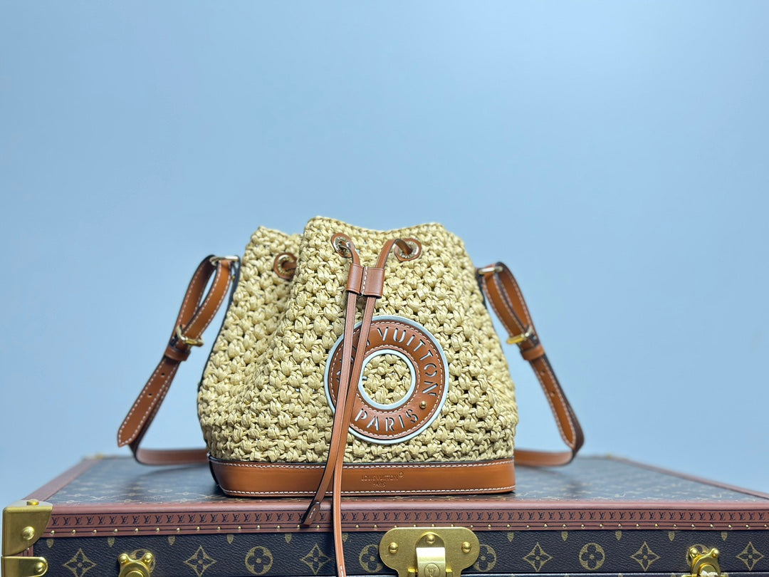 Women's Woven Bucket Bag with Leather Trim and Adjustable Strap