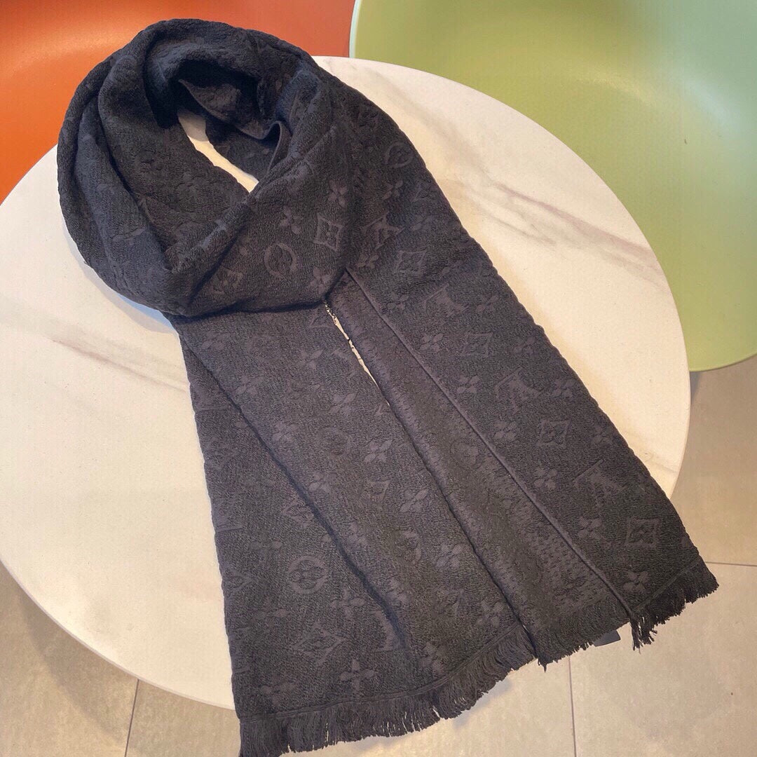 Women's Dark Grey Monogram Pattern Scarf - Elegant Logo Print Soft Winter Shawl, Charcoal