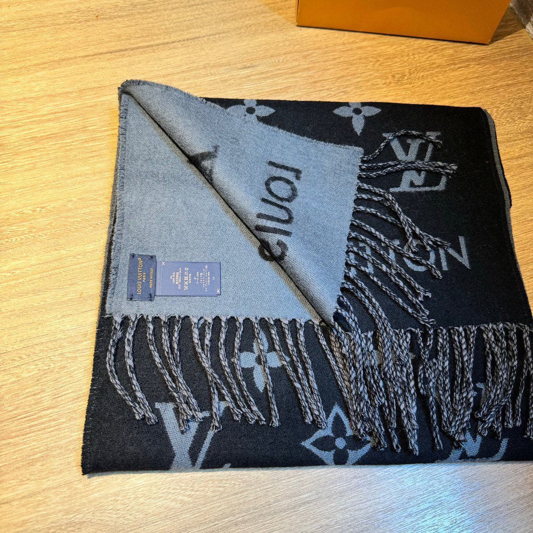 Louis Vuitton Monogram Logomania Scarf - Black and Grey Wool Blend Winter Wrap with Fringe Edges