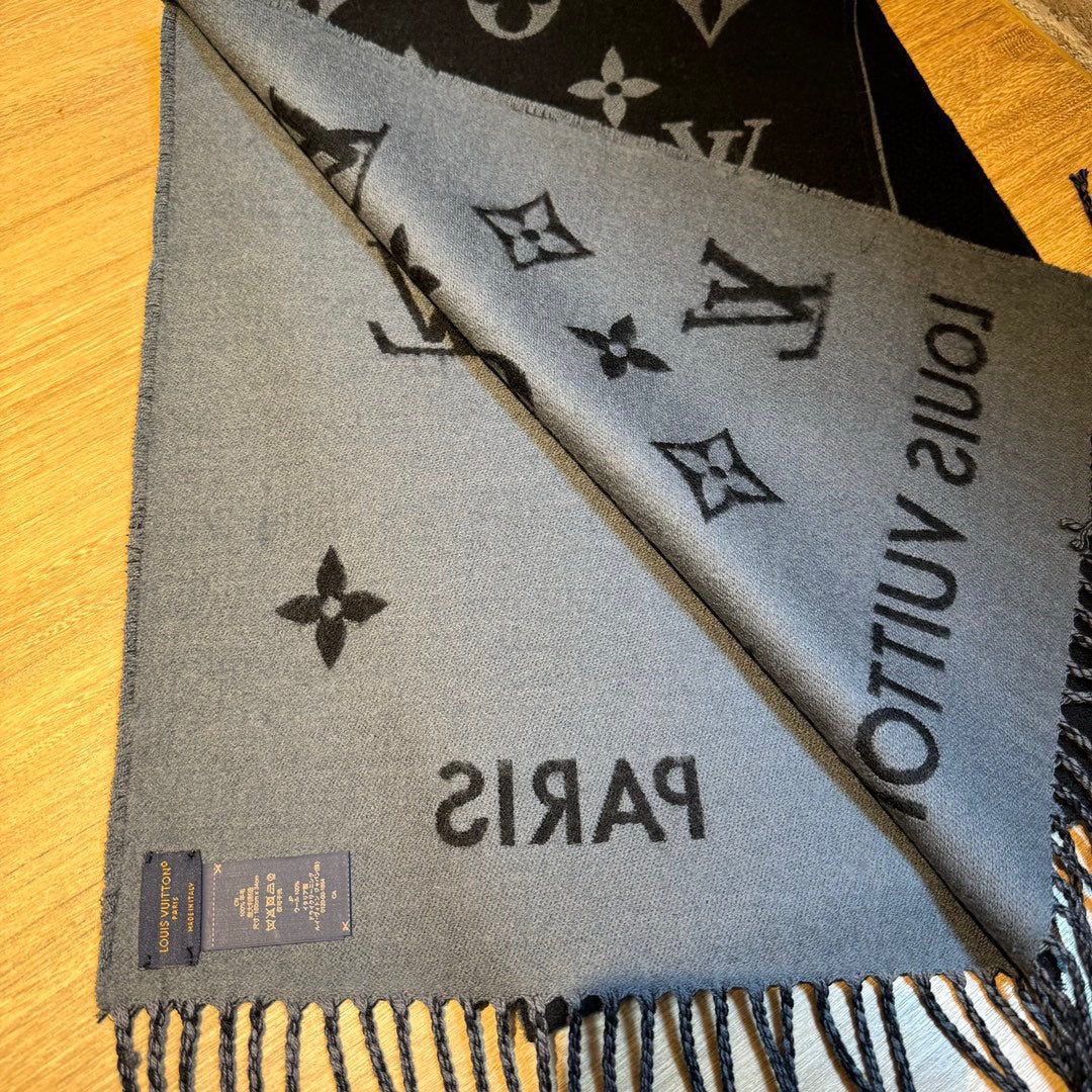 Louis Vuitton Monogram Logomania Scarf - Black and Grey Wool Blend Winter Wrap with Fringe Edges