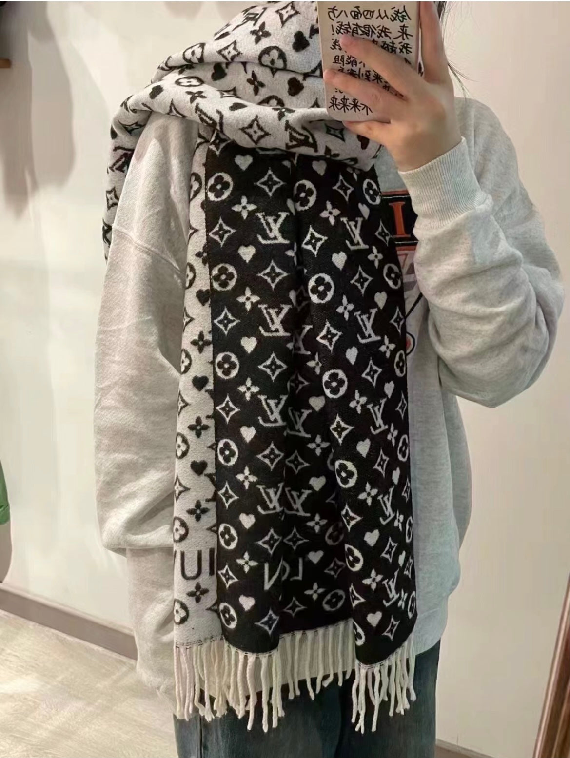 Louis Vuitton Monogram Scarf with Heart Pattern, Black and Grey Women's Shawl with Fringe