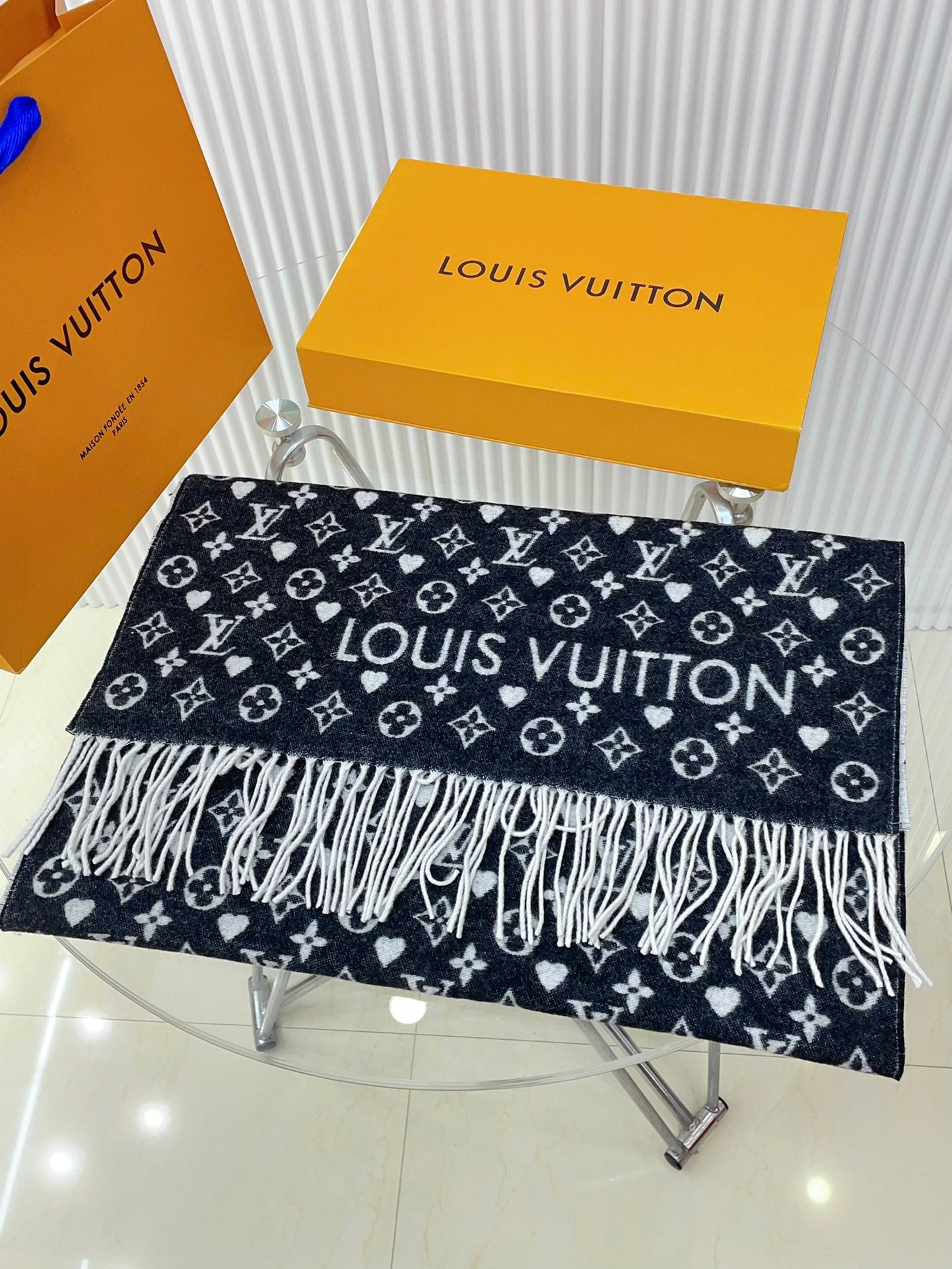Louis Vuitton Monogram Scarf with Heart Pattern, Black and Grey Women's Shawl with Fringe