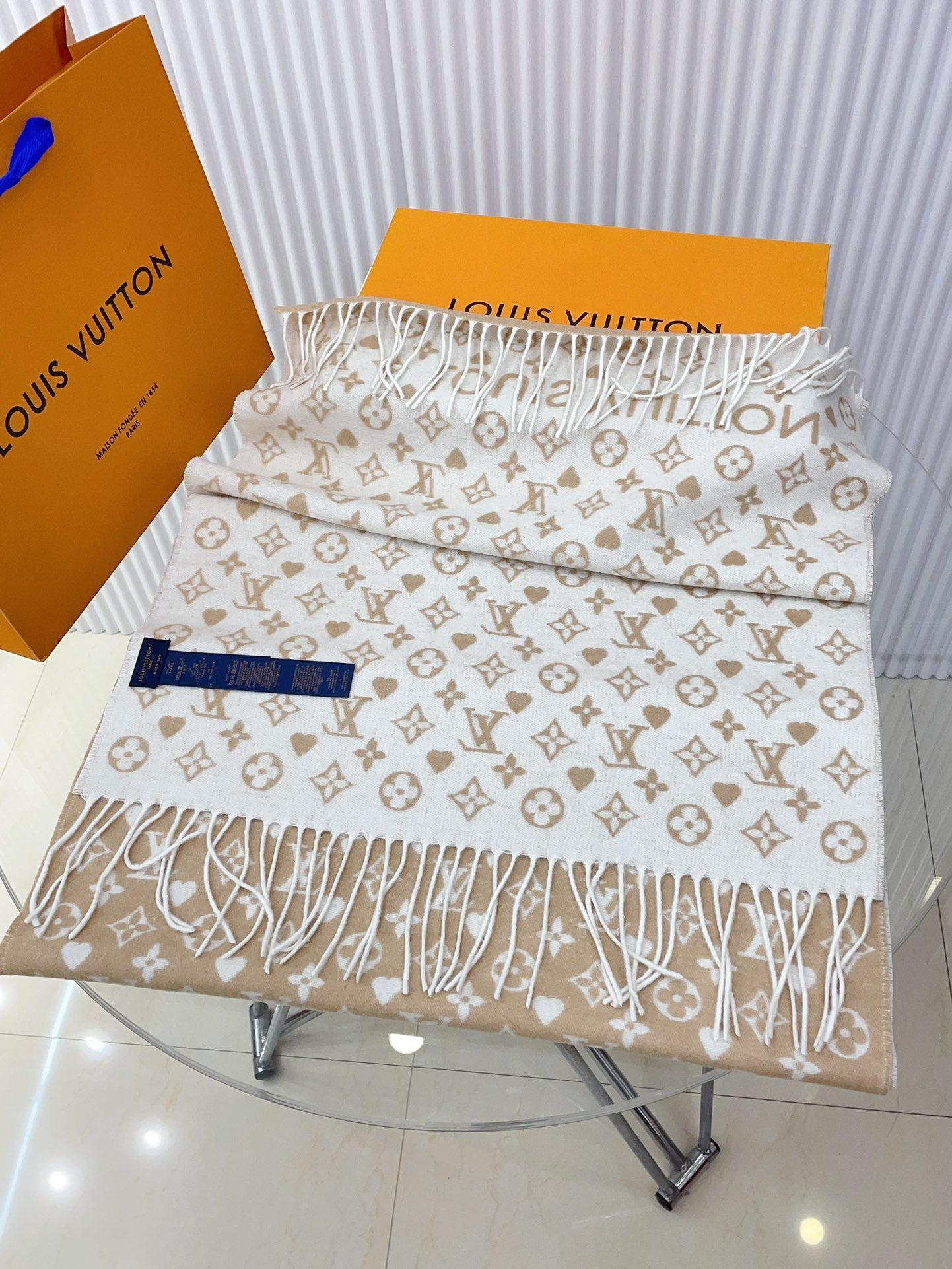 Louis Vuitton Monogram Beige Wool and Silk Scarf for Women - Luxury Designer Shawl with Fringe