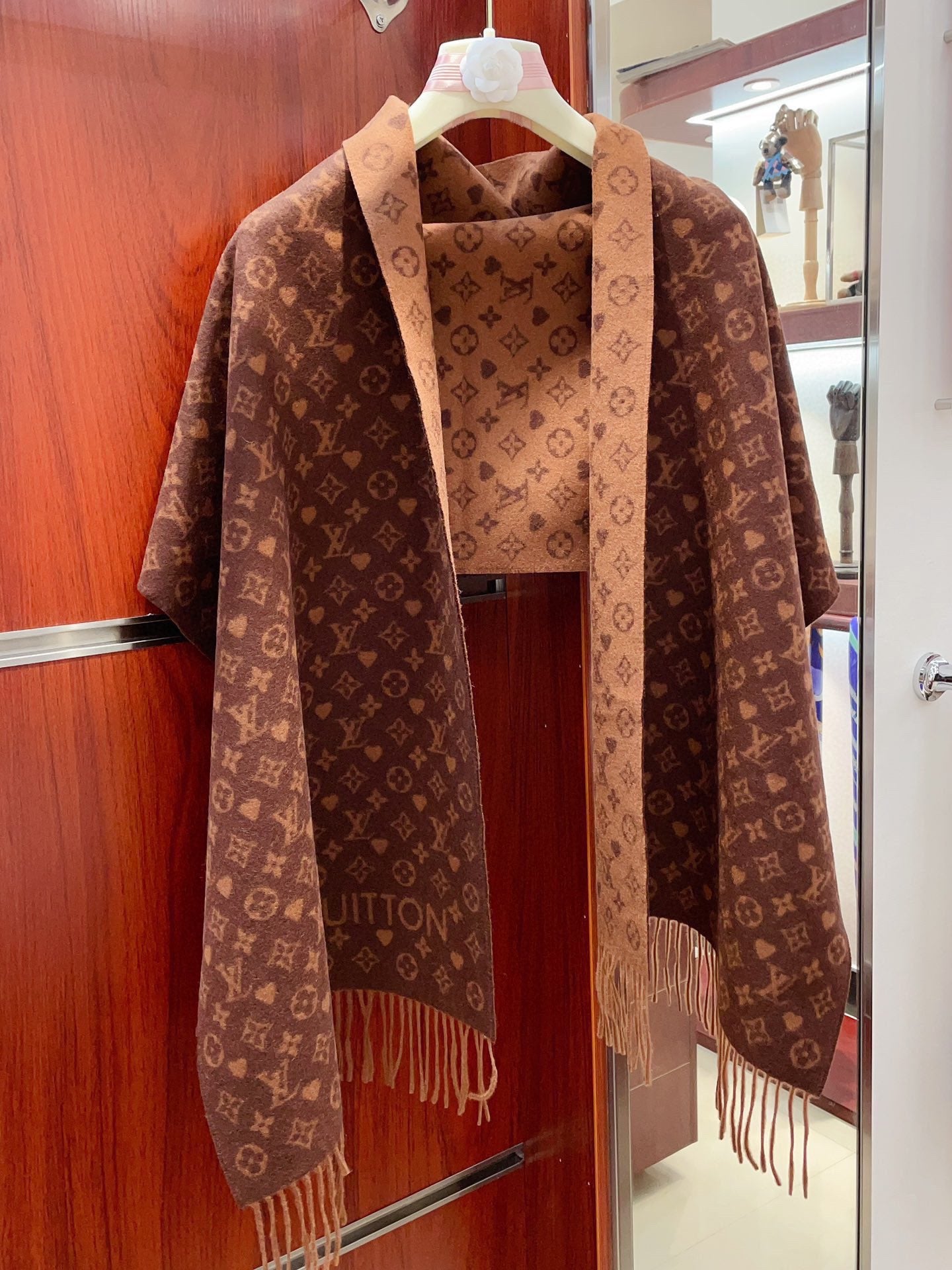 Louis Vuitton Brown Monogram Scarf - Luxury Wool Silk Blend Winter Accessory with Fringe