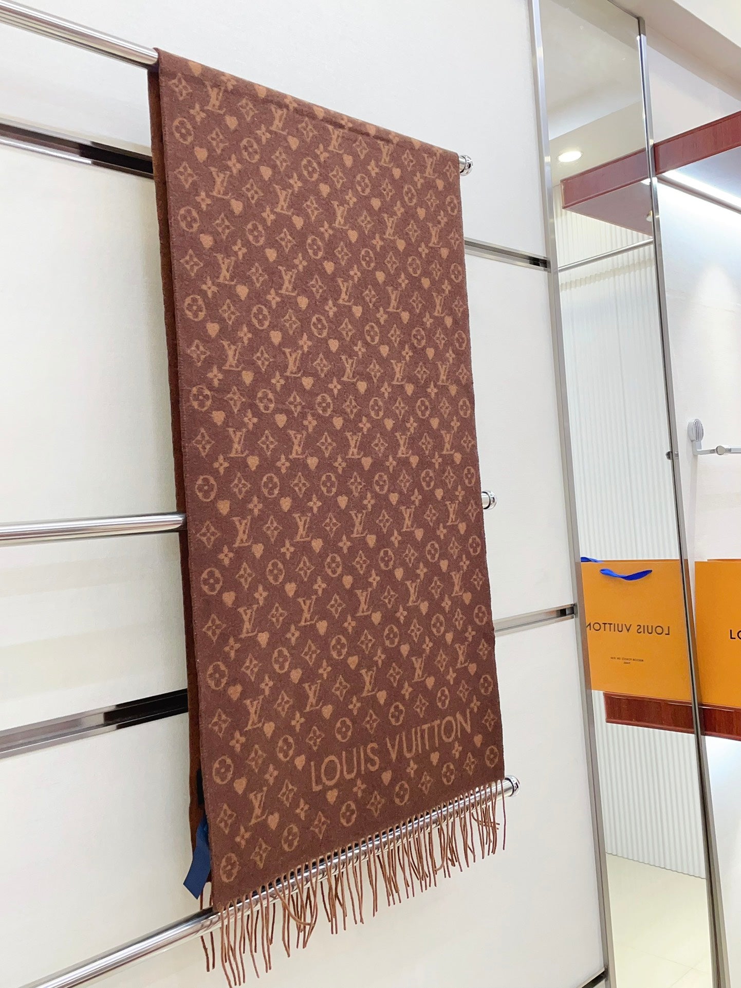 Louis Vuitton Brown Monogram Scarf - Luxury Wool Silk Blend Winter Accessory with Fringe