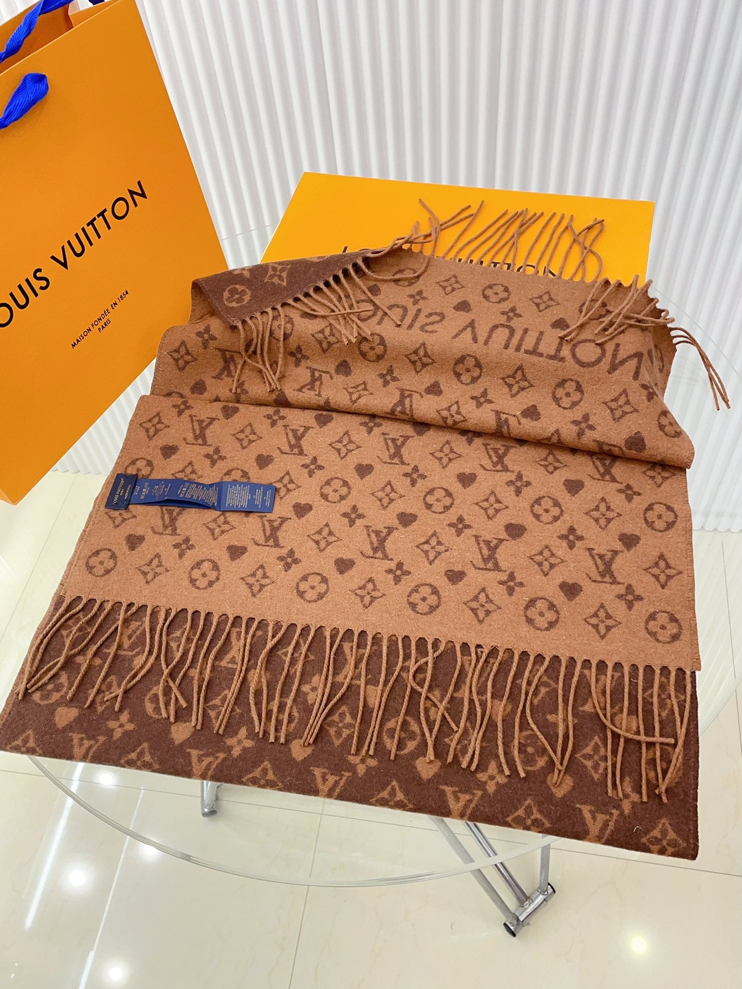 Louis Vuitton Brown Monogram Scarf - Luxury Wool Silk Blend Winter Accessory with Fringe