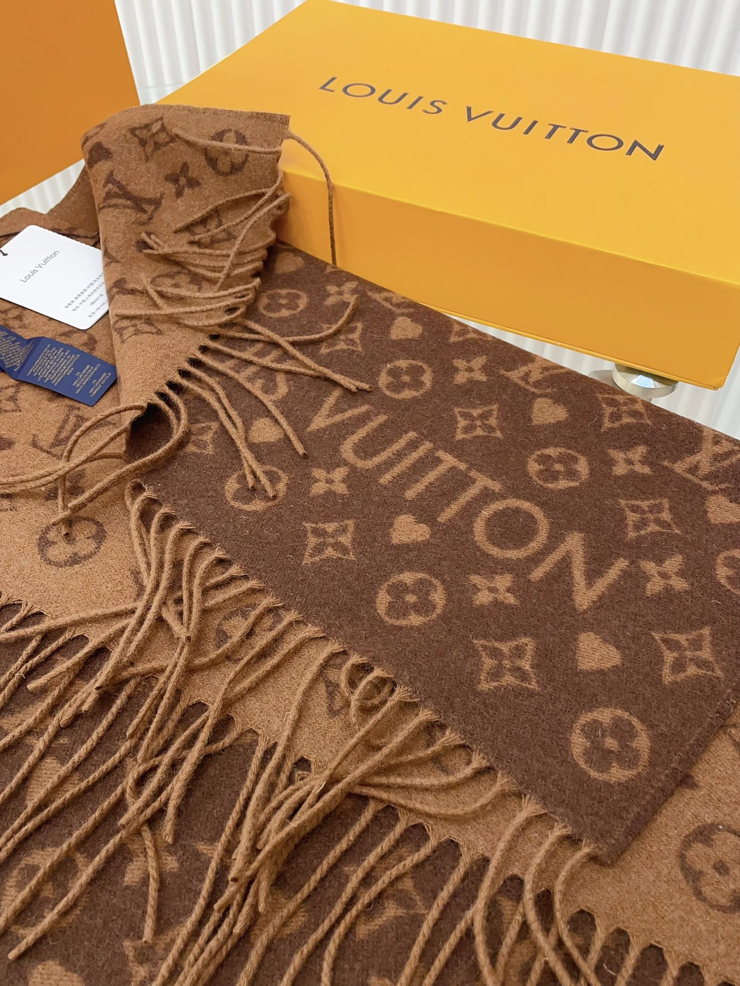 Louis Vuitton Brown Monogram Scarf - Luxury Wool Silk Blend Winter Accessory with Fringe