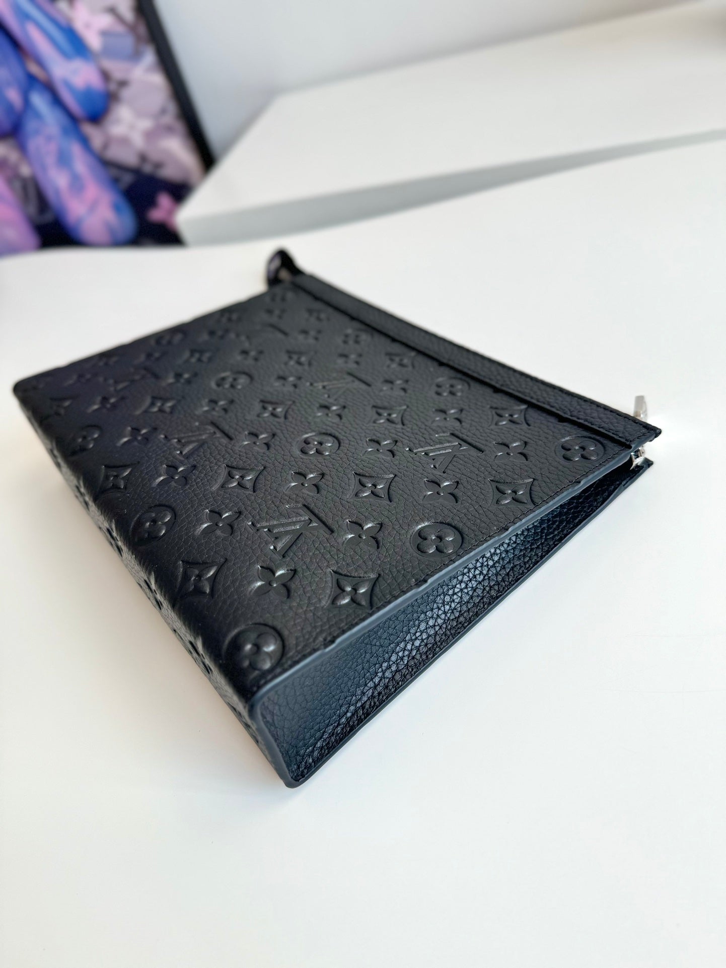 Luxury Black Embossed Monogram Zipper Clutch Bag - Sleek Designer Pouch