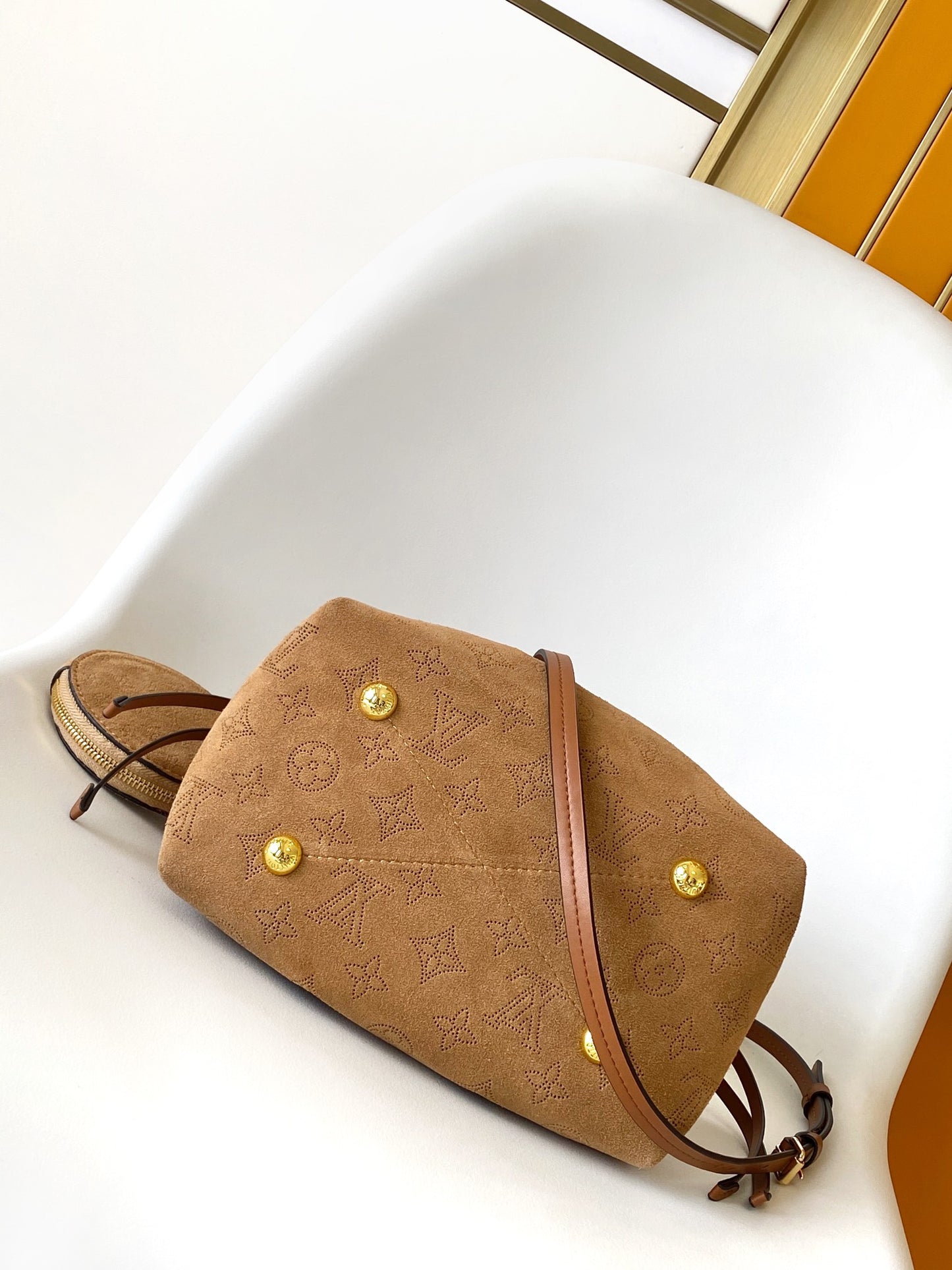 Louis Vuitton Bella Bucket Bag in Camel Mahina Calfskin with Shearling Trim