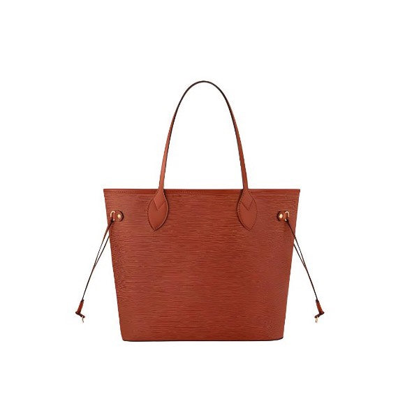 Women's Large Textured Brown Leather Tote Bag - Classic Drawstring Shoulder Handbag