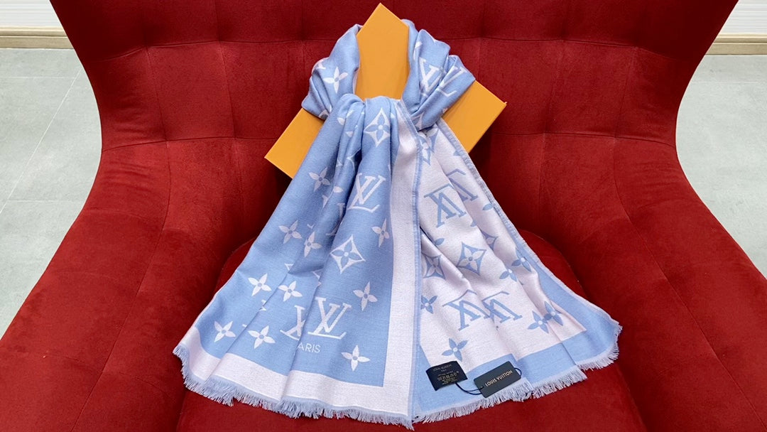 Louis Vuitton Monogram Denim Shawl Scarf in Light Blue and White - Luxury Silk &amp; Wool Blend Wrap