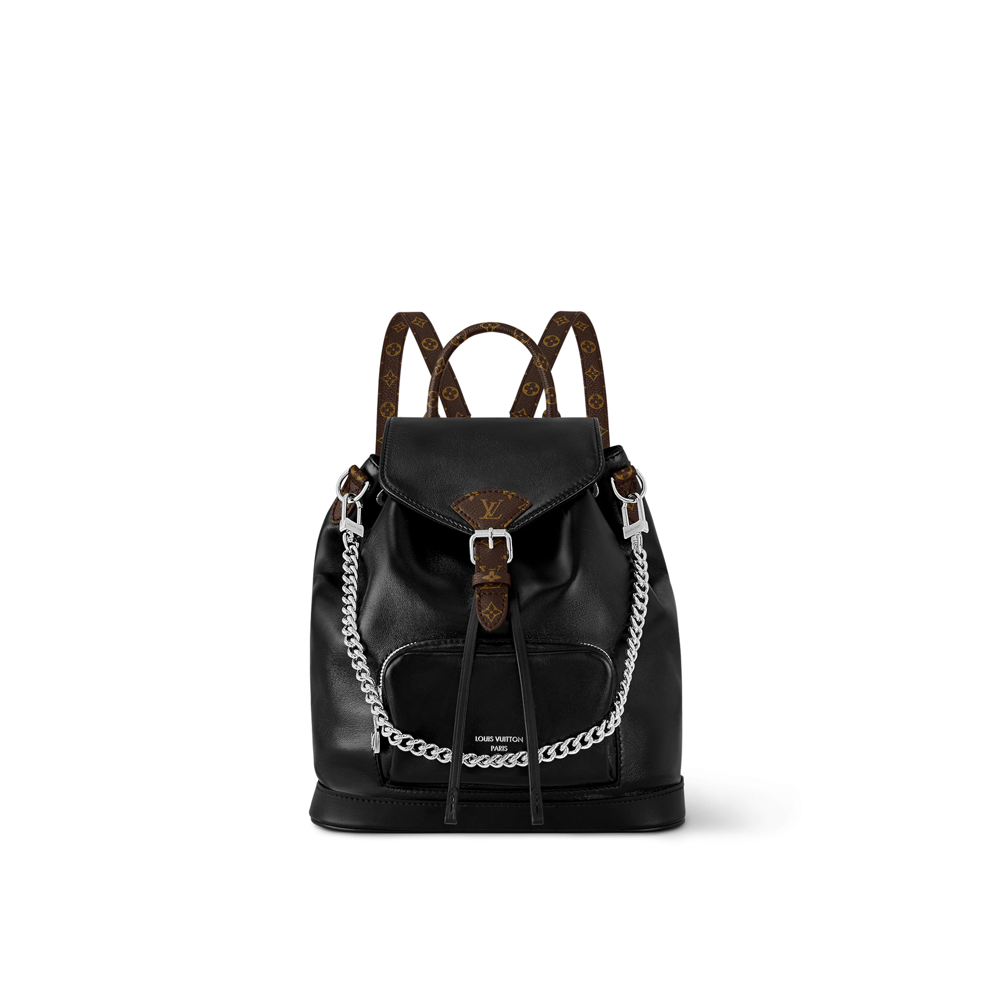 Marc Ellis New York Black Leather Backpack with Silver Chain and Monogram Straps