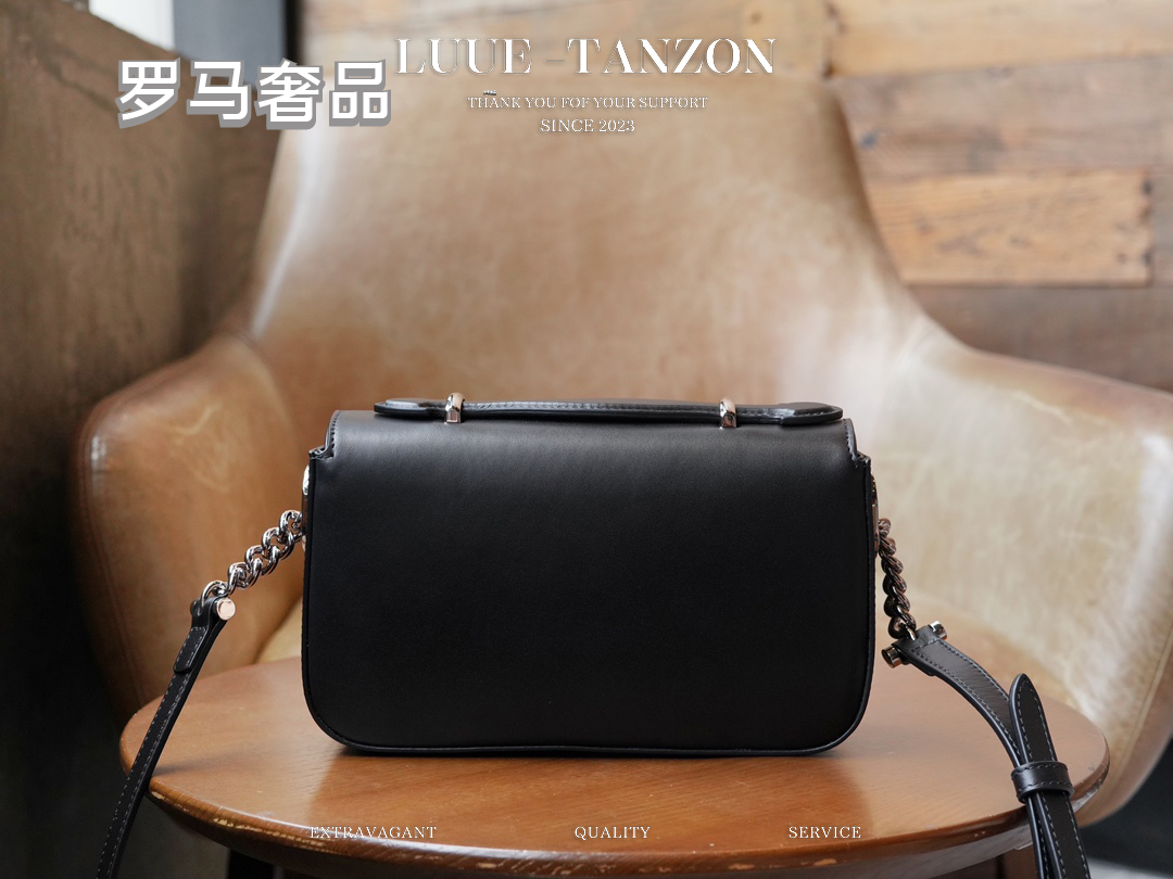 Women's Black Leather Crossbody Shoulder Bag with Silver Round GG Clasp