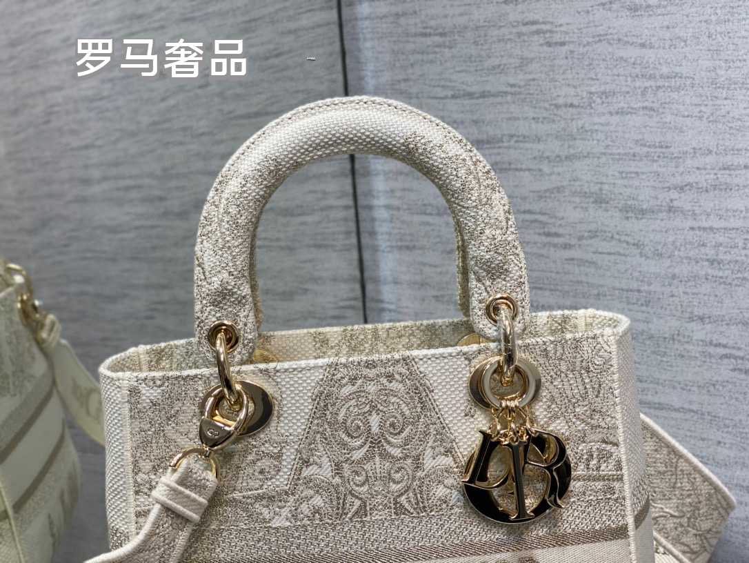 Christian Dior Lady D-Lite Medium Handbag - White and Gold-Tone Embroidered Canvas