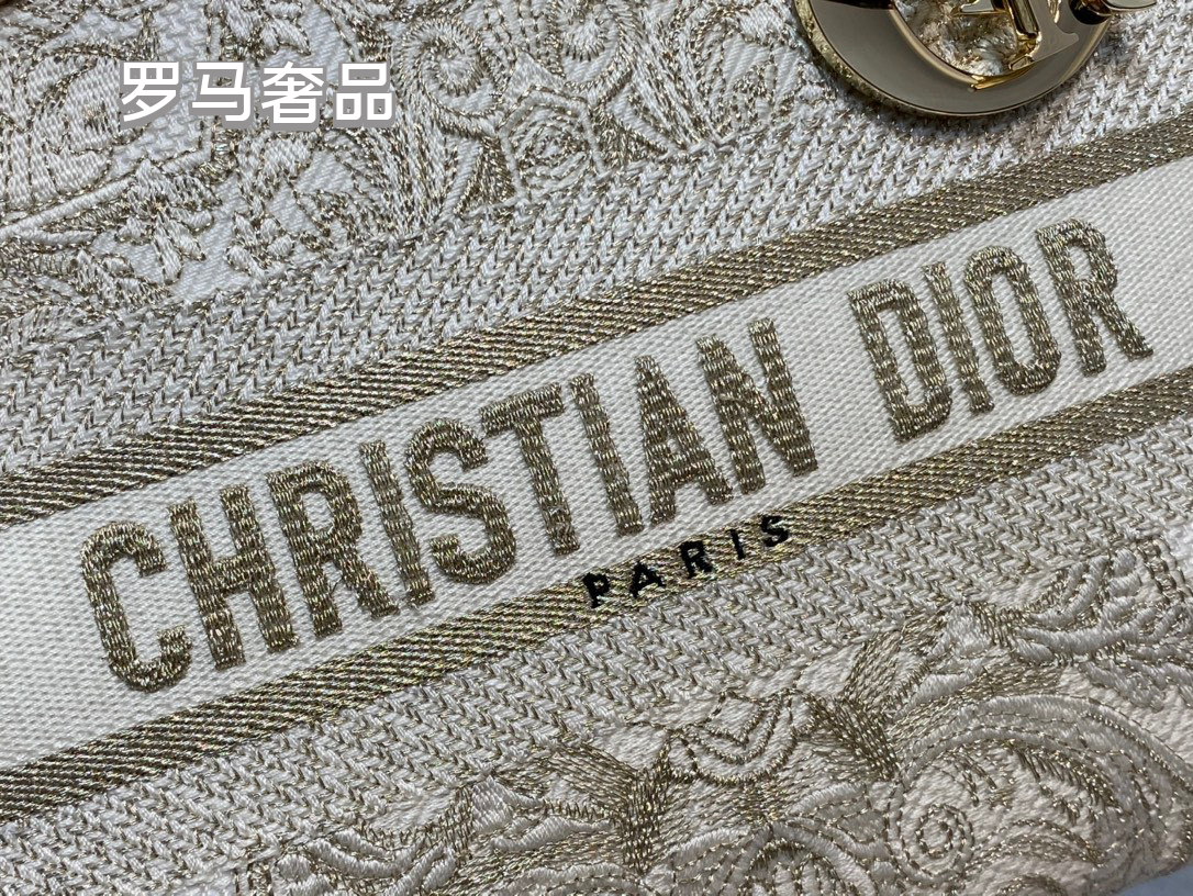 Christian Dior Lady D-Lite Medium Handbag - White and Gold-Tone Embroidered Canvas