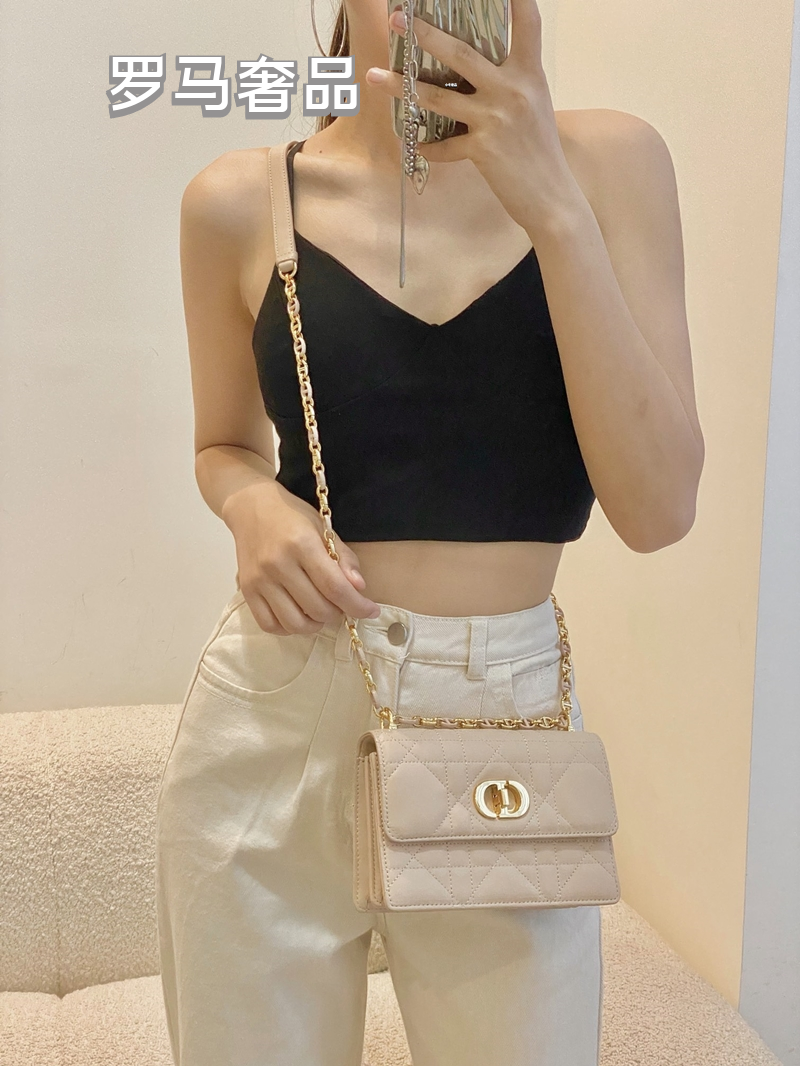 Quilted Leather Shoulder Bag with CD Logo Clasp and Chain Strap