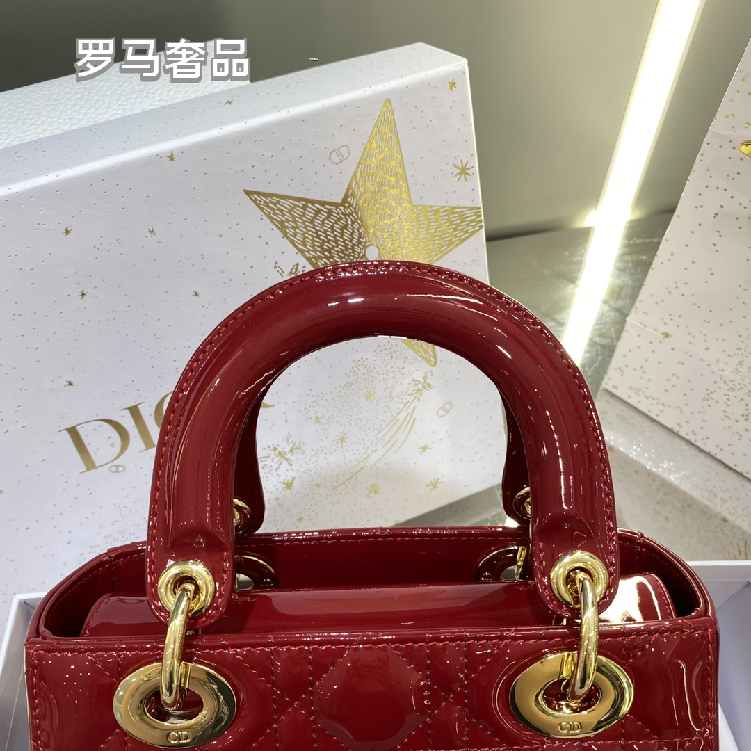 Christian Dior Micro Lady Dior Bag - Red Cannage Patent Calfskin with Gold-Finish Metal