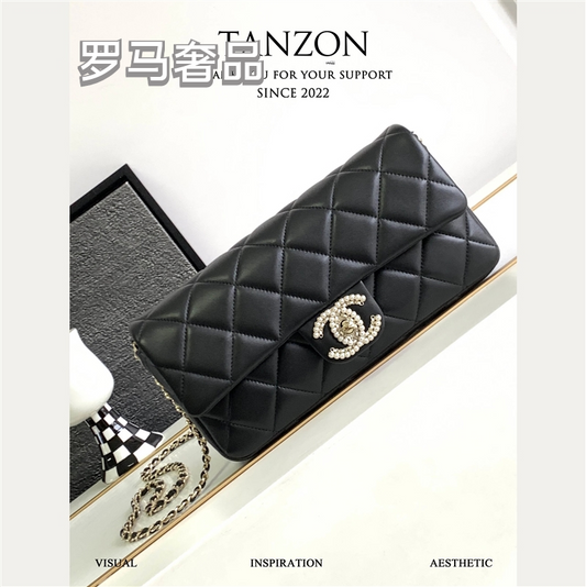 Black Quilted Leather Flap Bag with Crystal Interlocking Logo and Chain Strap