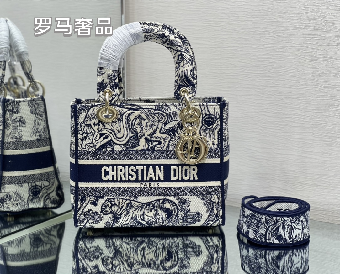 Christian Dior Lady D-Lite Medium Handbag - Grey Embroidered Toile de Jouy