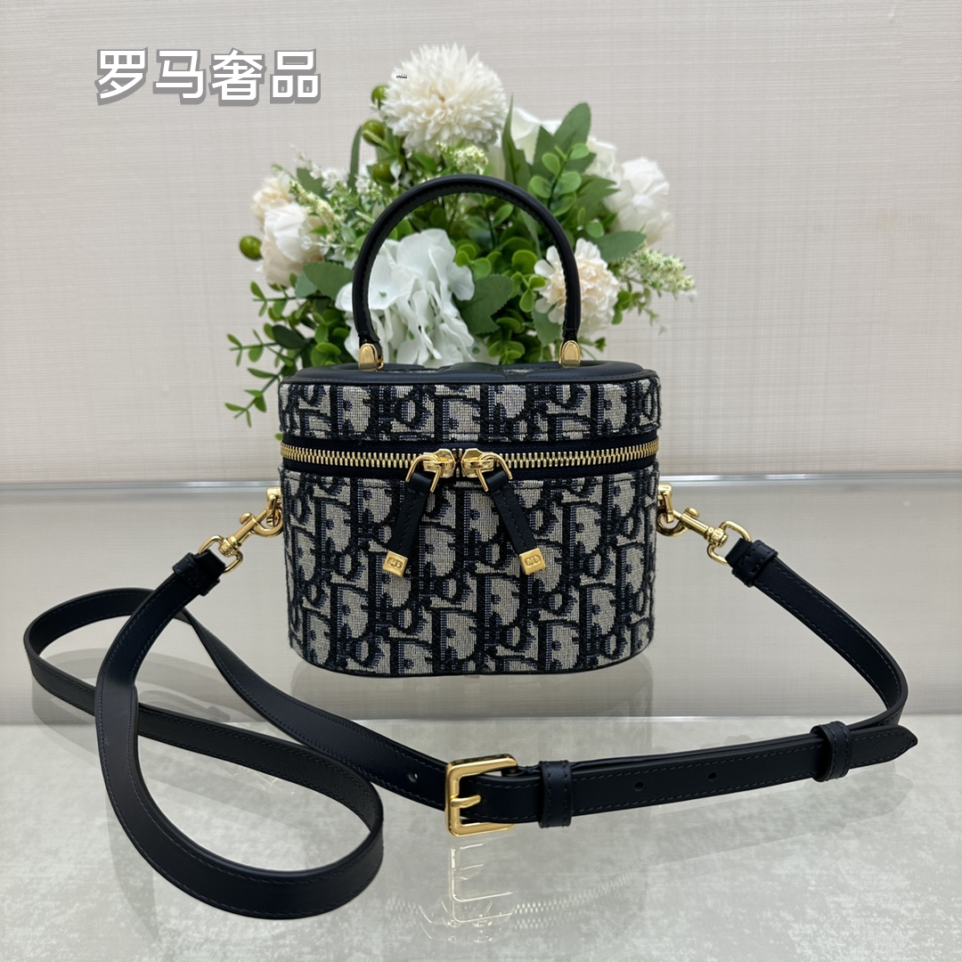 Oblique Monogram Vanity Case Bag with Crossbody Strap - Blue/Cream