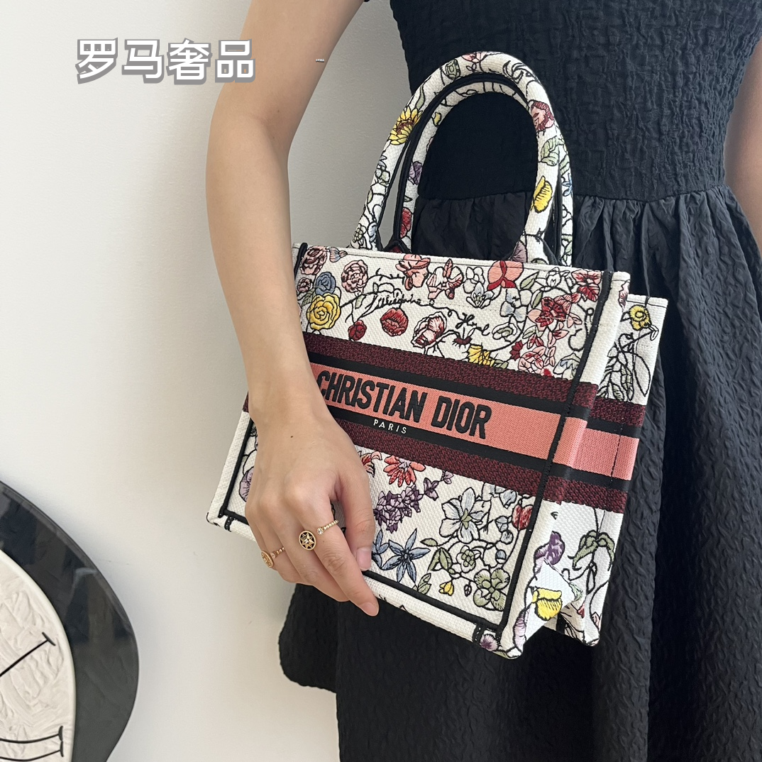 Christian Dior Book Tote Set Floral Embroidered Canvas Handbag 3 Pieces