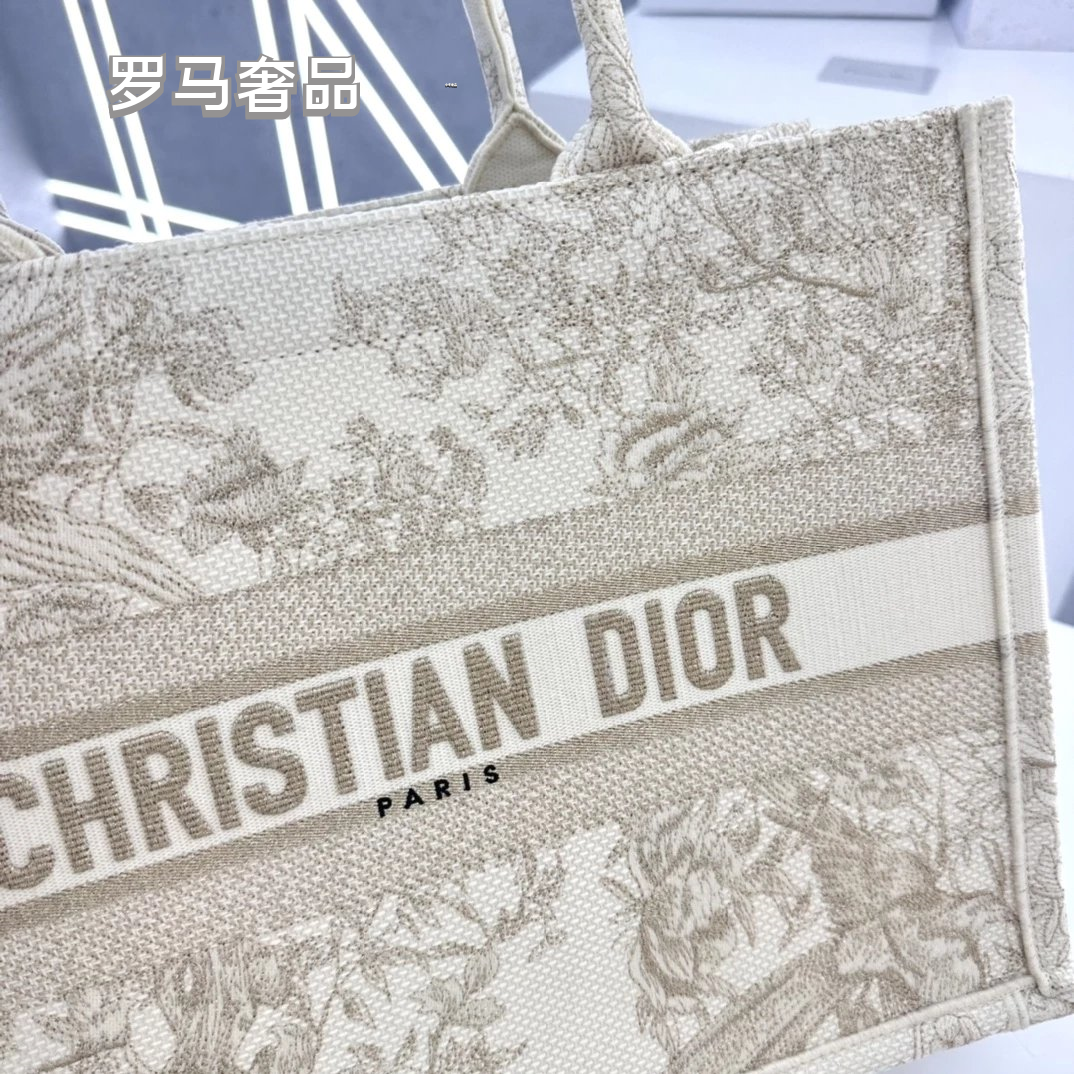 Christian Dior Book Tote Toile de Jouy Canvas Bag - Large Beige/Grey