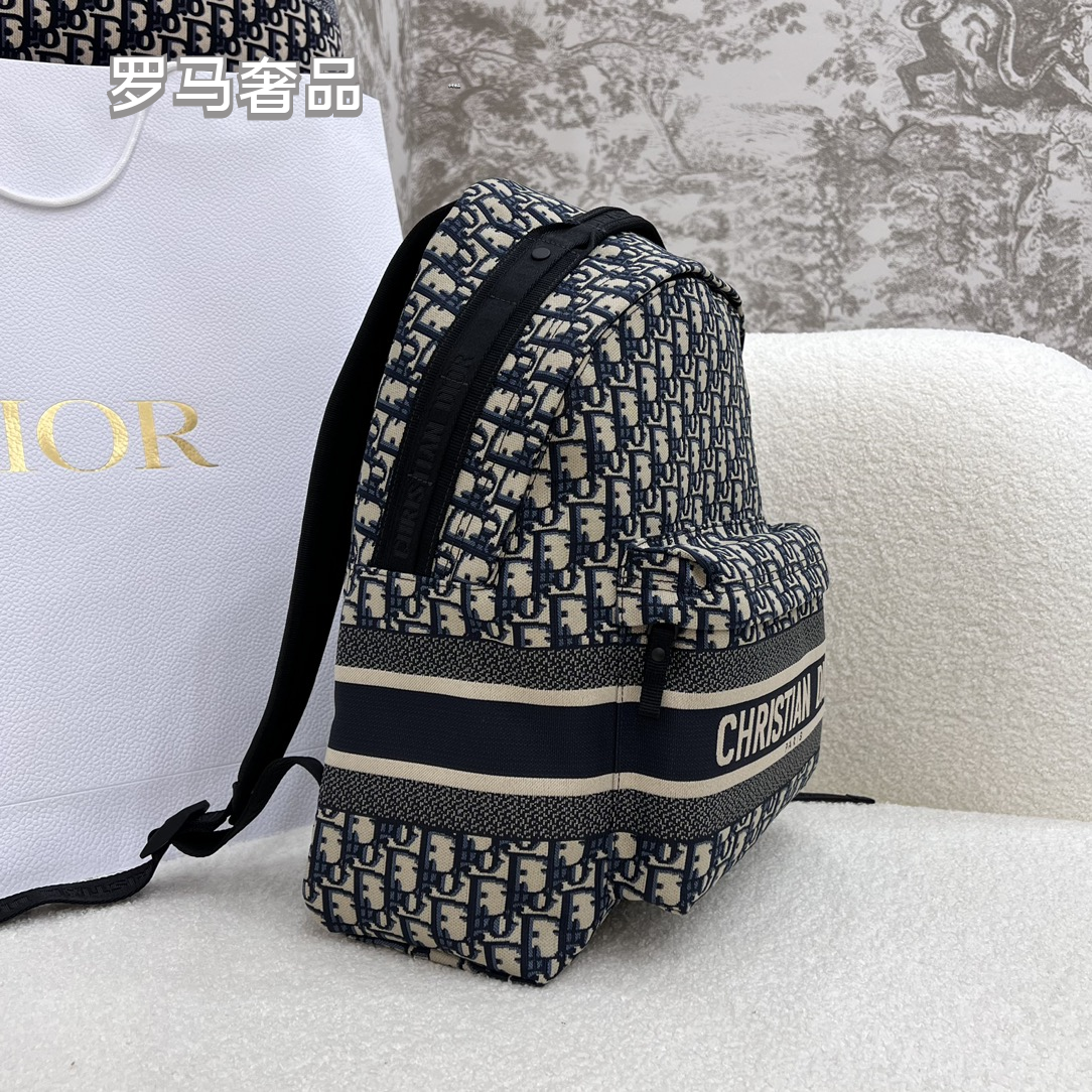 Christian Dior Oblique Jacquard Canvas Backpack - Navy Blue & Beige