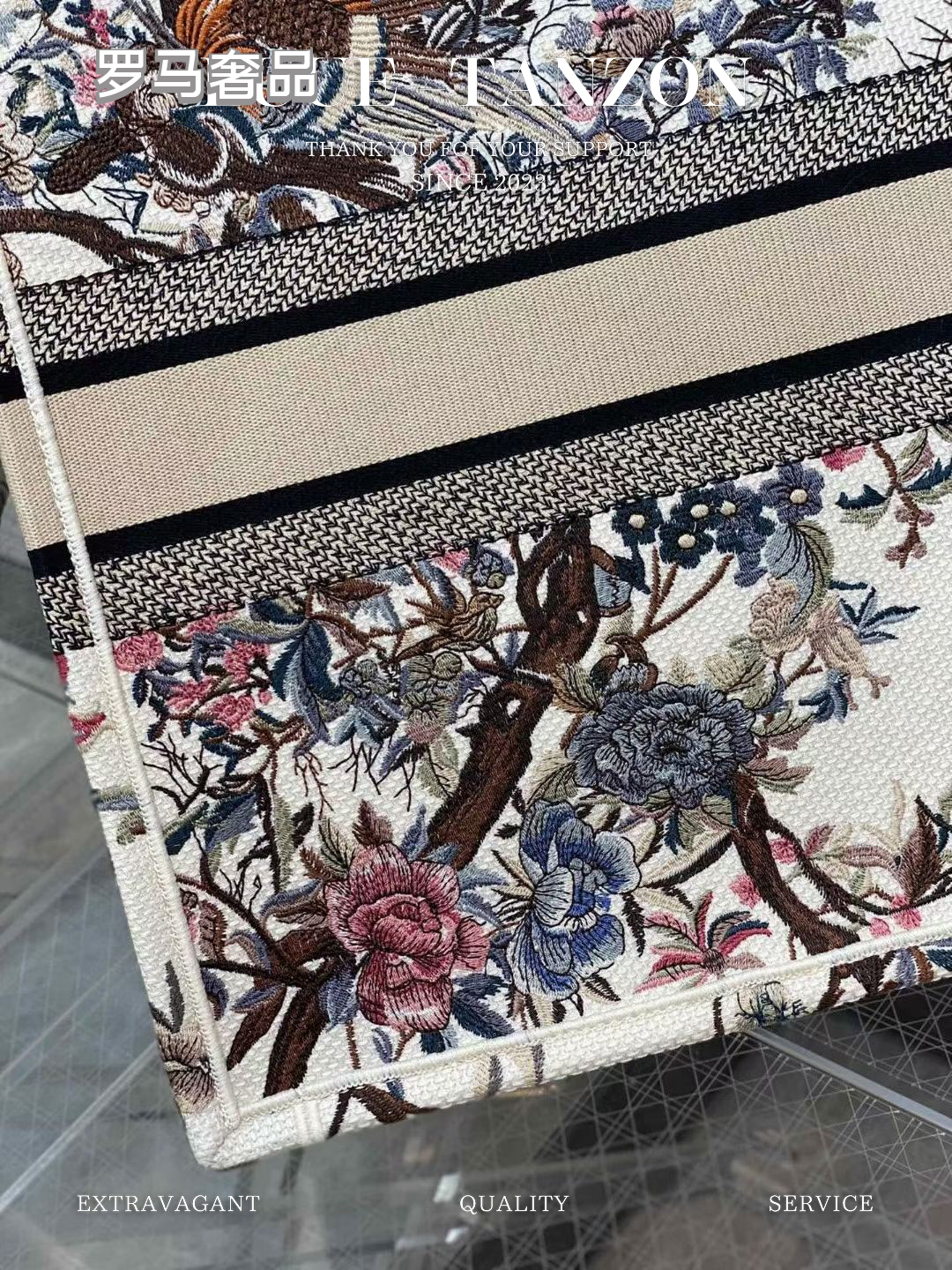 Christian Dior Large Book Tote Bag - White Canvas with Multi-Color Floral and Bird Embroidery