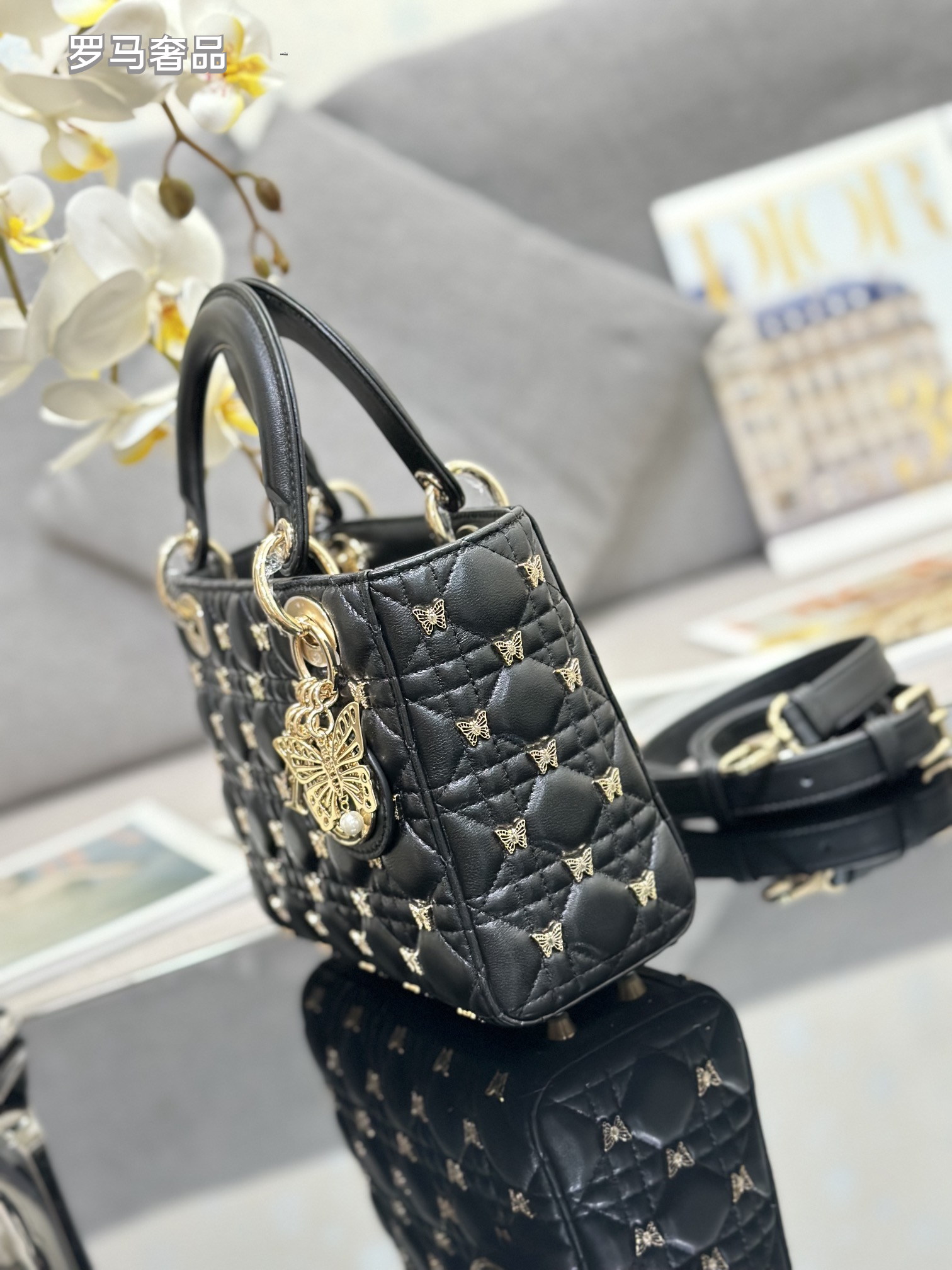 Lady Dior Small Handbag - Black Quilted Leather with Butterfly Embellishments