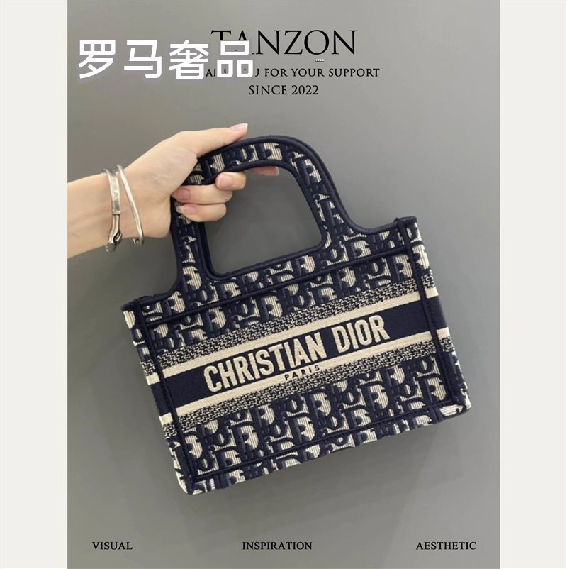 Christian Dior Blue Dior Oblique Embroidery Mini Book Tote
