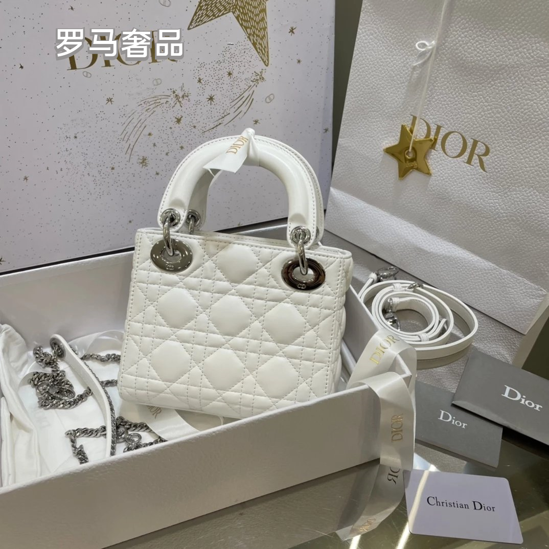 Christian Dior Lady Dior Mini Bag White Cannage Lambskin with Silver-Tone Hardware