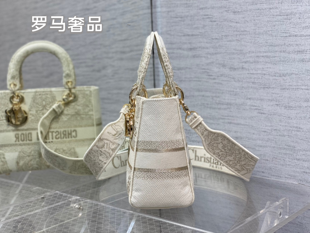 Christian Dior Lady D-Lite Medium Handbag - White and Gold-Tone Embroidered Canvas