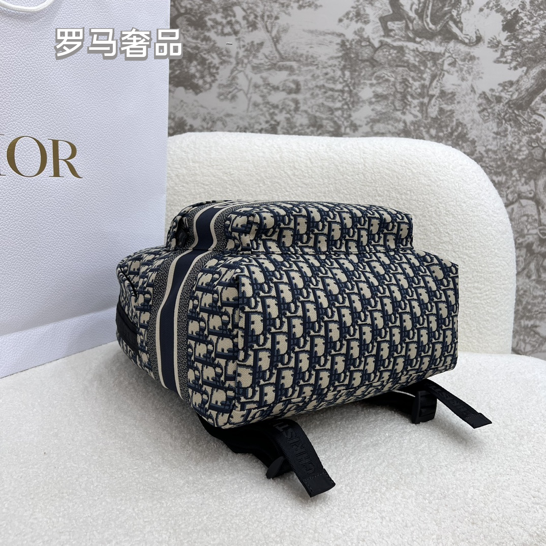 Christian Dior Oblique Jacquard Canvas Backpack - Navy Blue & Beige