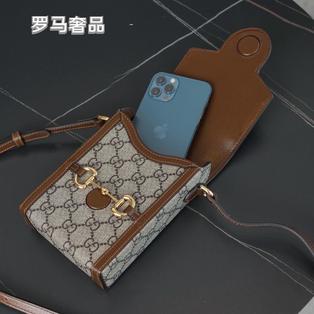 Gucci Horsebit 1955 Mini Bag in GG Supreme Canvas with Brown Leather Trim