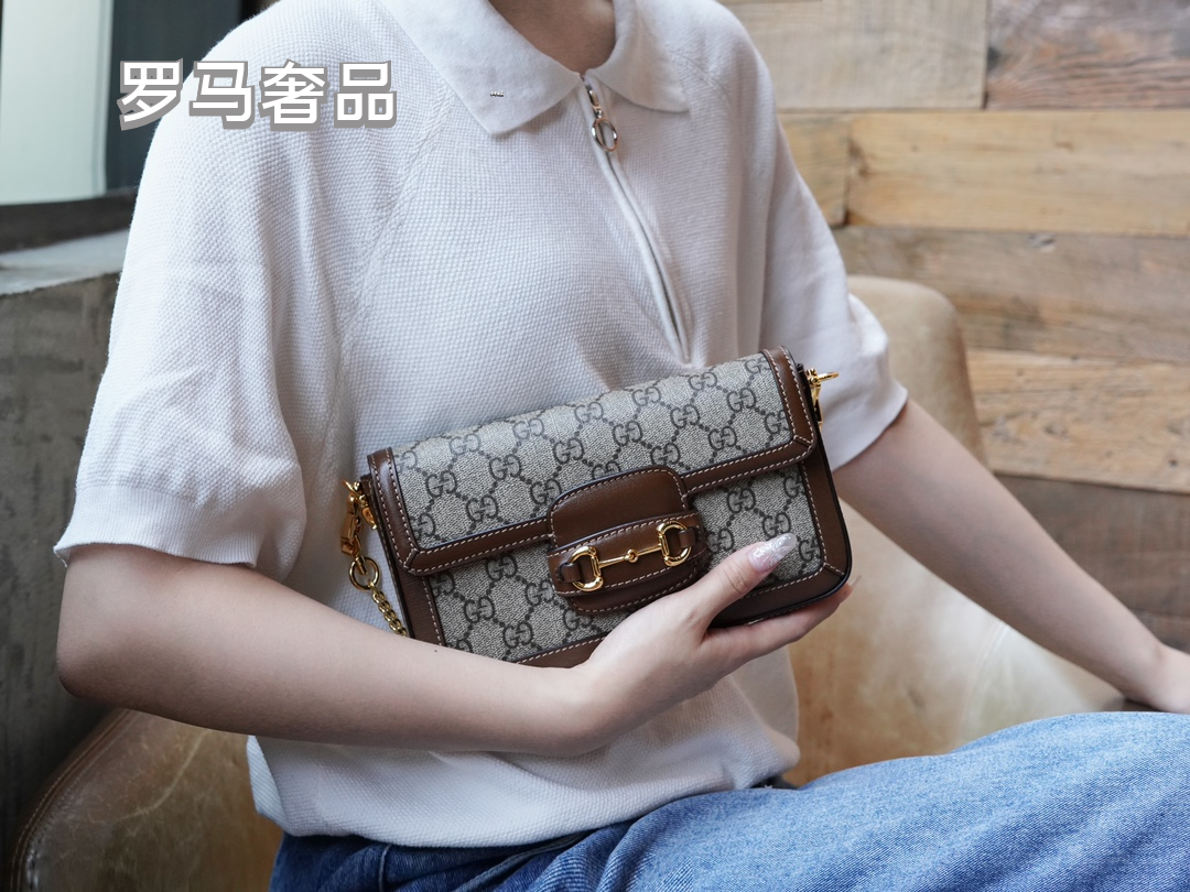 Gucci Horsebit 1955 Mini Shoulder Bag in GG Supreme Canvas with Brown Leather Trim