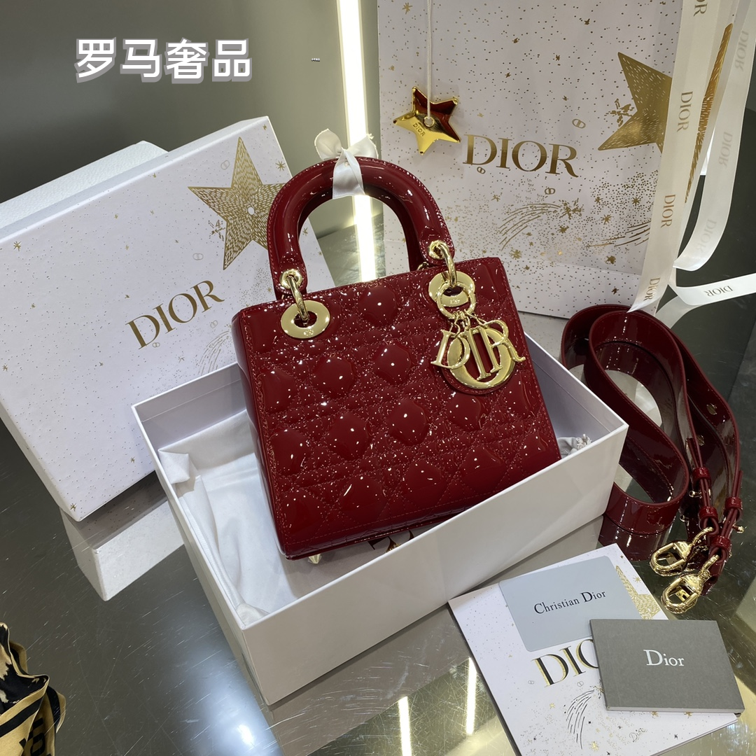 Christian Dior Micro Lady Dior Bag - Red Cannage Patent Calfskin with Gold-Finish Metal