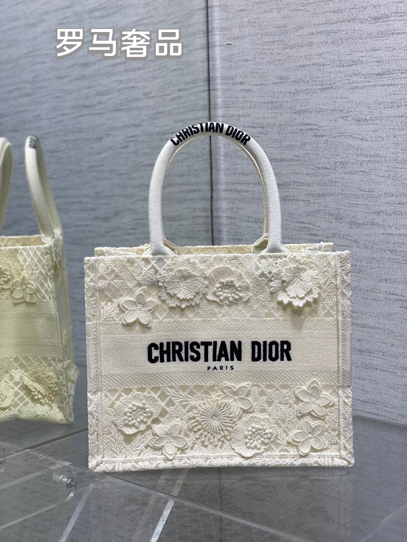 Christian Dior Small White Book Tote Bag with 3D Floral Embroidery